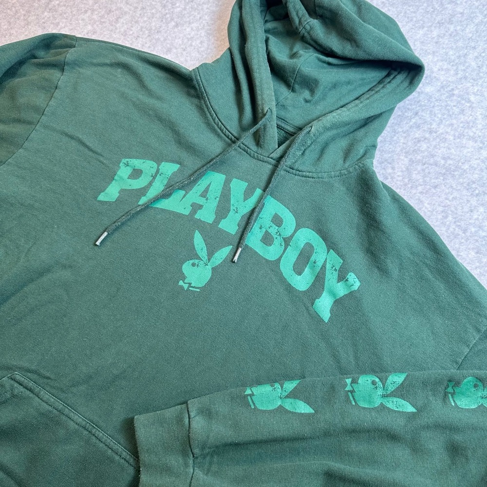 Playboy Mens XL Forest Green Distressed Logo Graphic Fleece Hoodie Sweatshirt